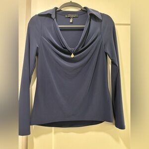 WHBM Navy Blue Cowl Neck Long Sleeve Blouse with Gold Pendant